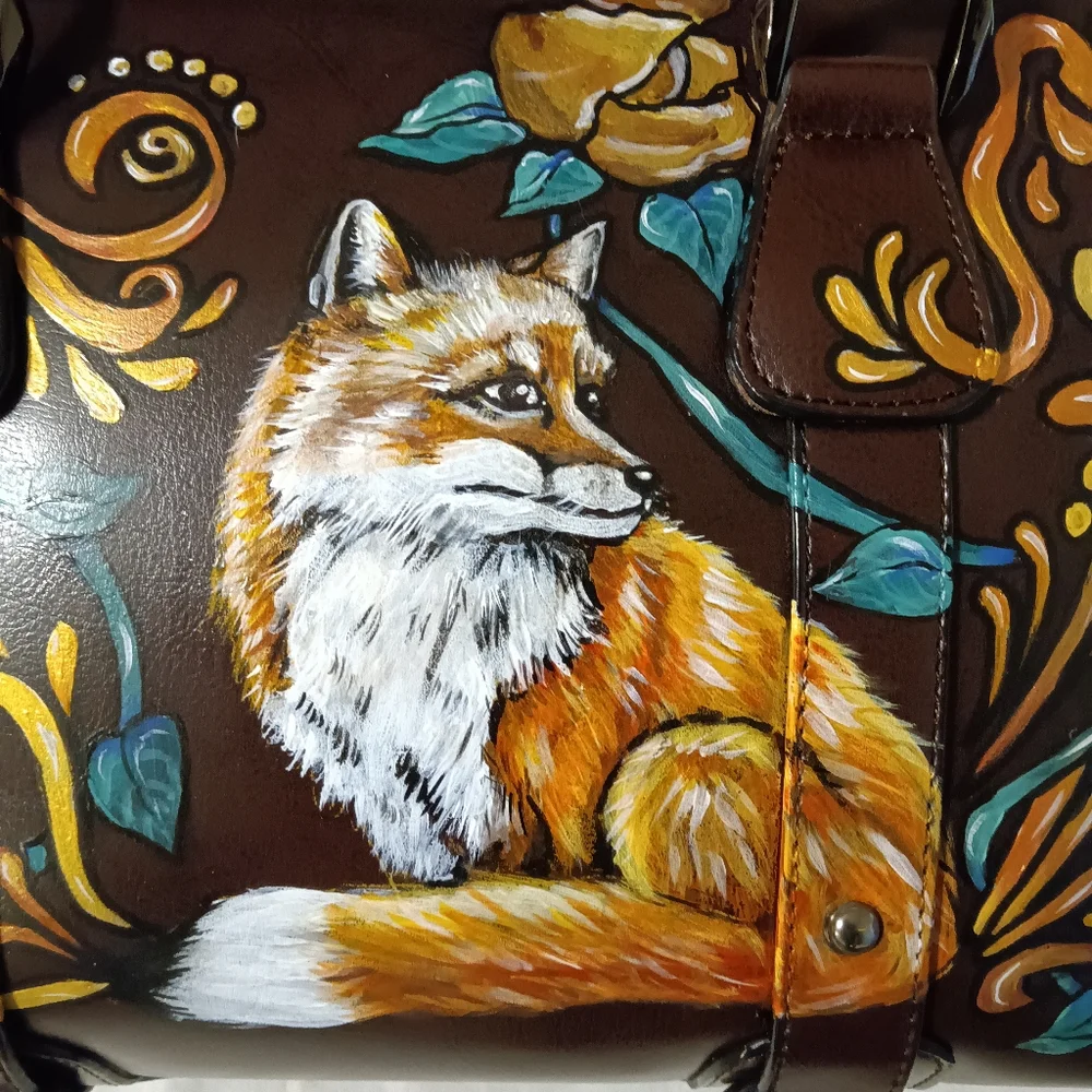 Unique HAND PAINTED Genuine LEATHER Brown *NWT* Handbag Orange Fox Gold Flowers - Picture 7 of 12